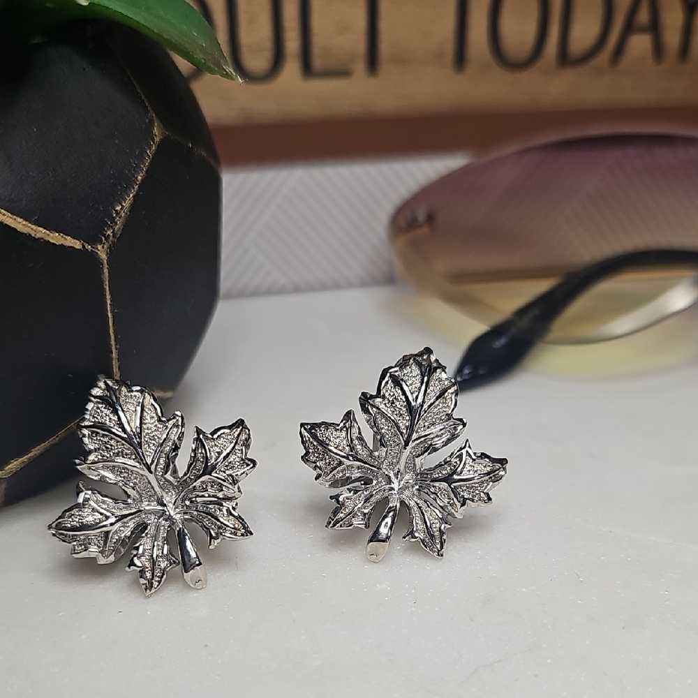Bergère Elegant Silvertone Leaf Earrings